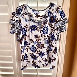 Maurices Floral Boho Peasant Blouse Blue Brown Tie Neck Short Sleeve Size L